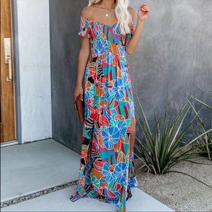 Vici put it in print smocked side slit maxi